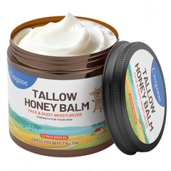 Auteli Beef Tallow Balm jar close-up showing creamy texture for deep hydration.