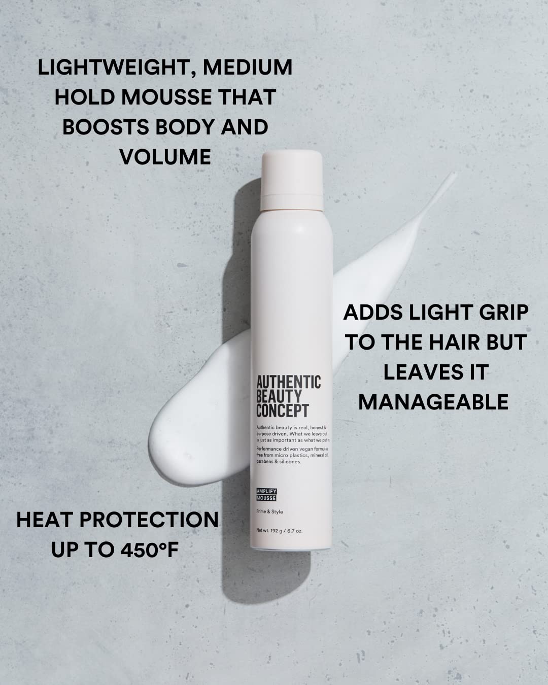 Amplify Mousse pump action ready to dispense lightweight hold for easy use