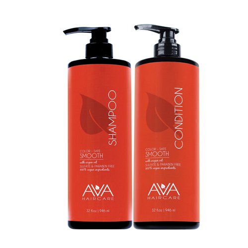 Ava Haircare Smooth Shampoo bottle highlights a vegan formula for gentle cleansing.