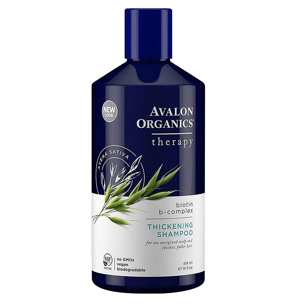 Close up of Avalon Organics shampoo label highlighting Biotin B-Complex