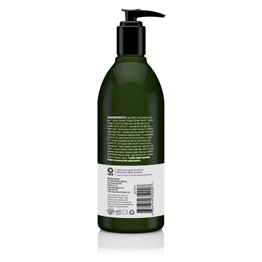 Avalon Organics Nourishing Lavender Lotion bottle on counter for daily hand and body care
