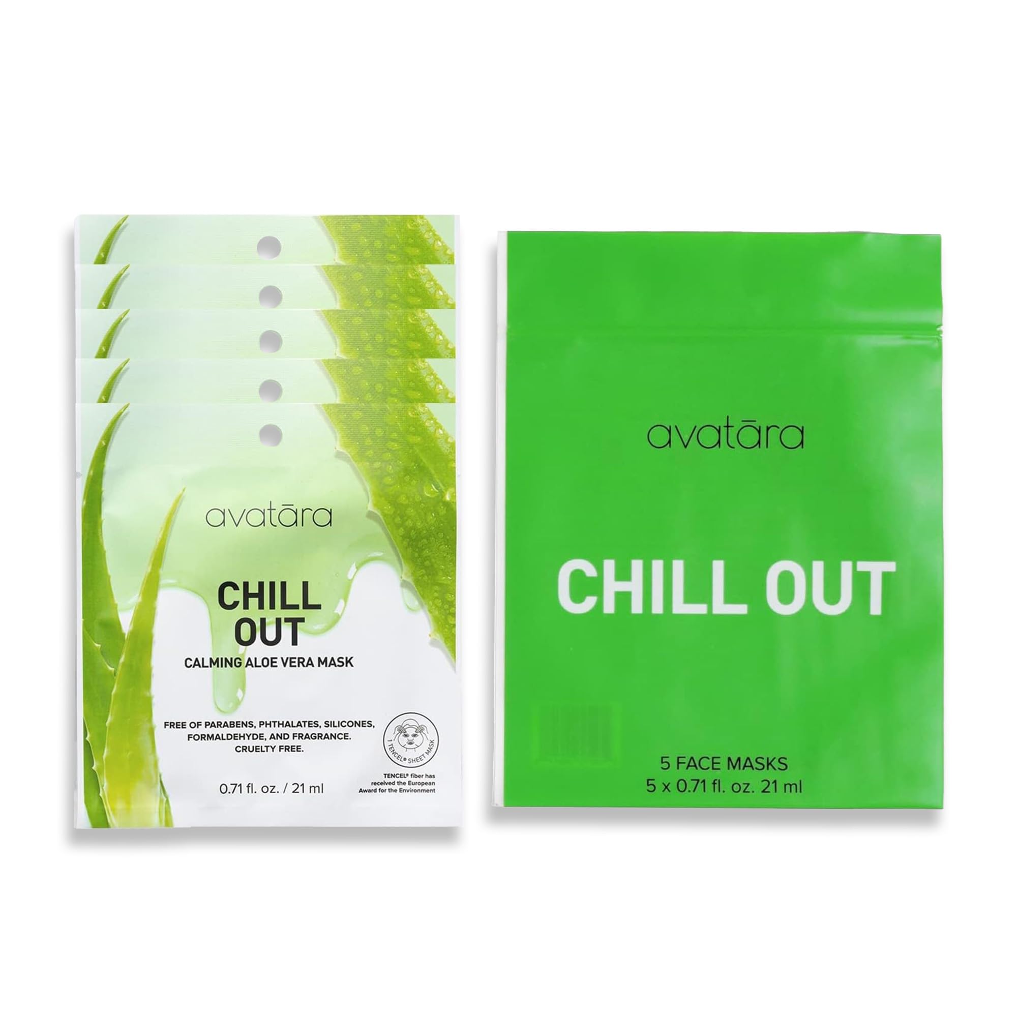 Avatara Chill Out packaging shows 5-sheet mask kit for hydration.