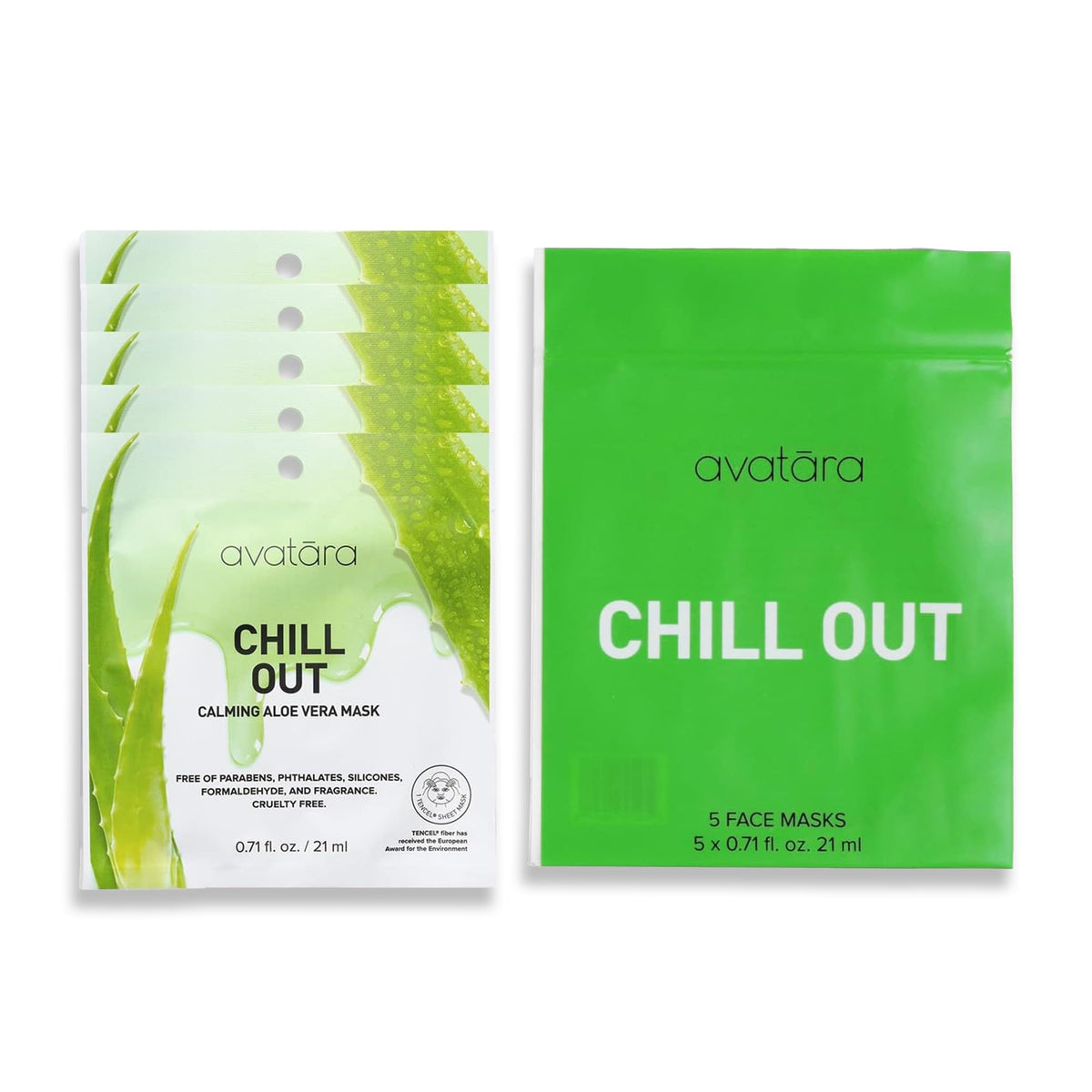 Avatara Chill Out packaging shows 5-sheet mask kit for hydration.
