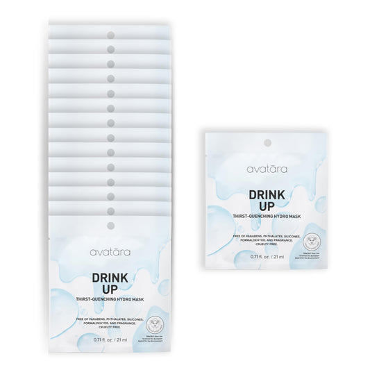 Avatara Drink Up facial mask sheets showing hydrating care for dry skin.