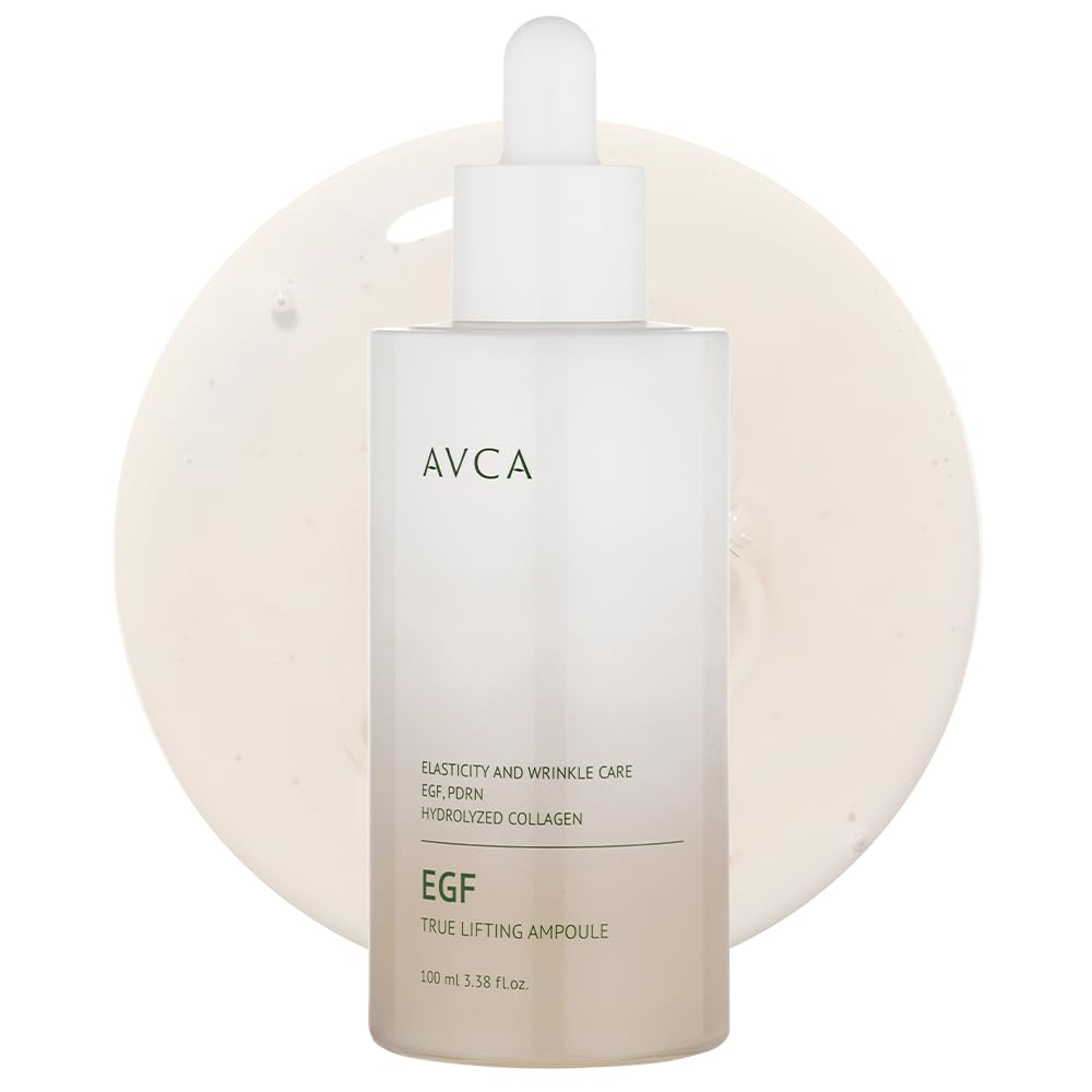 AVCA EGF PDRN serum bottle highlights lifting potential and smooth application.