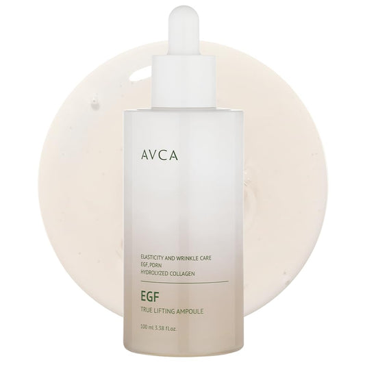 AVCA EGF PDRN serum bottle highlights lifting potential and smooth application.