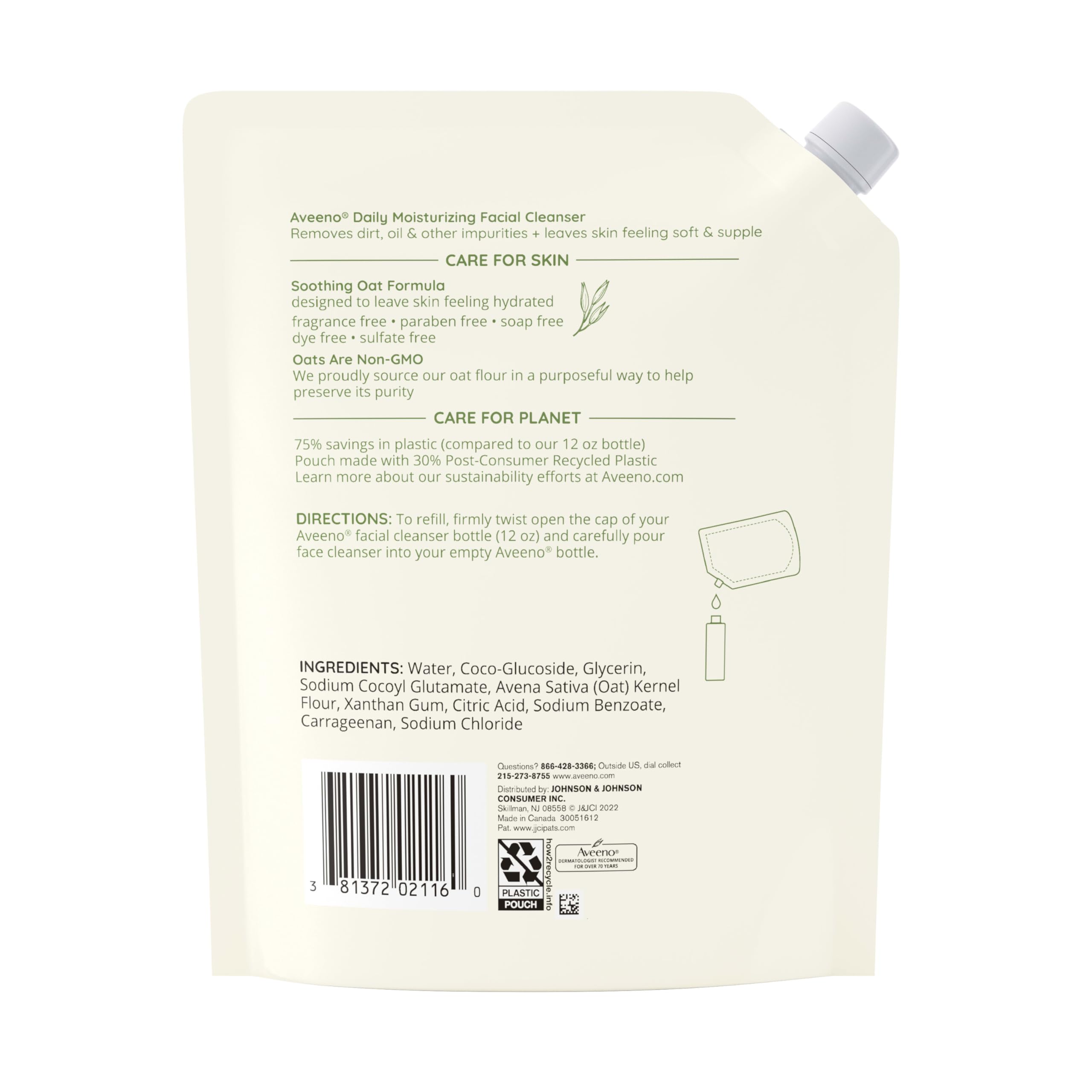 Refill pouch uses 30% post-consumer recycled plastic for eco-conscious use.