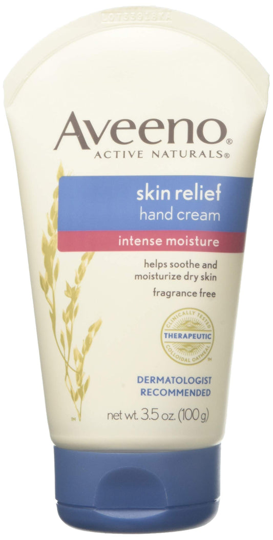 Aveeno Intense Relief Hand Cream tube close-up, non-greasy and fast-absorbing