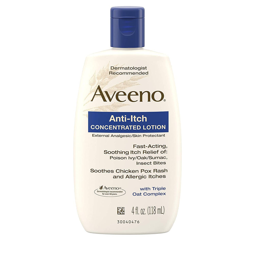 Aveeno Anti-Itch Concentrated Lotion bottle, compact and travel-friendly for on-the-go relief.
