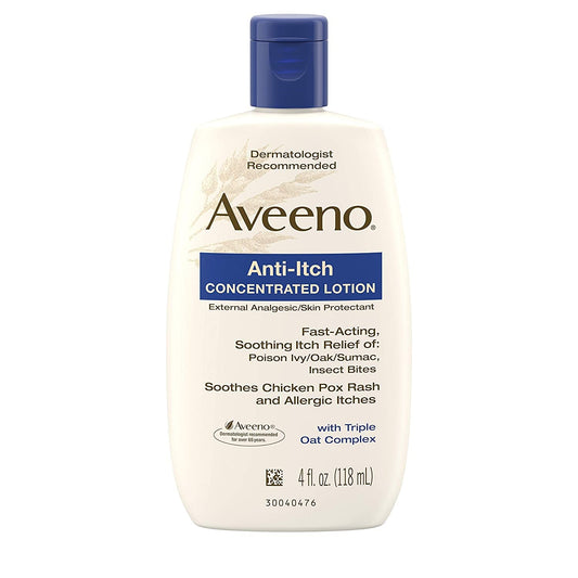 Aveeno Anti-Itch Concentrated Lotion bottle, compact and travel-friendly for on-the-go relief.