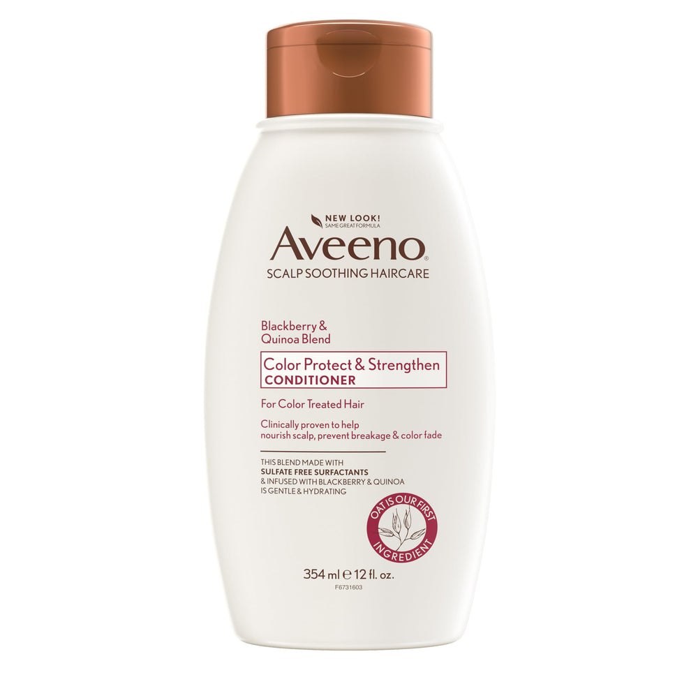 Aveeno Blackberry & Quinoa conditioner bottle highlighting color protection
