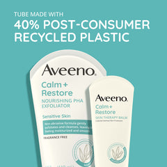 Aveeno label highlights oat oil and PHA for hydrating exfoliation.