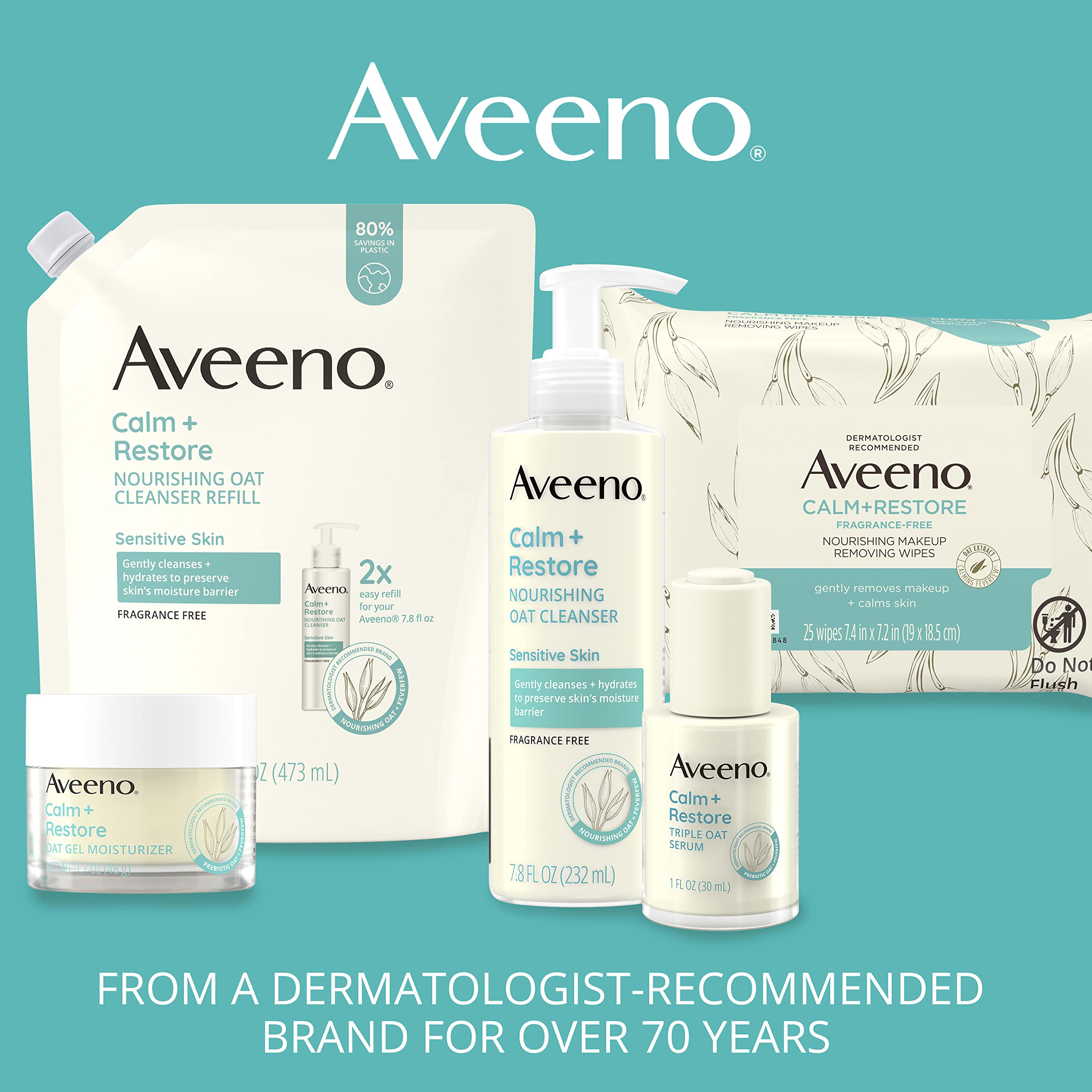 Aveeno bottle on sink illustrates easy daily care in a calm bathroom.