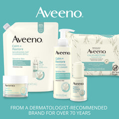 Aveeno bottle on sink illustrates easy daily care in a calm bathroom.