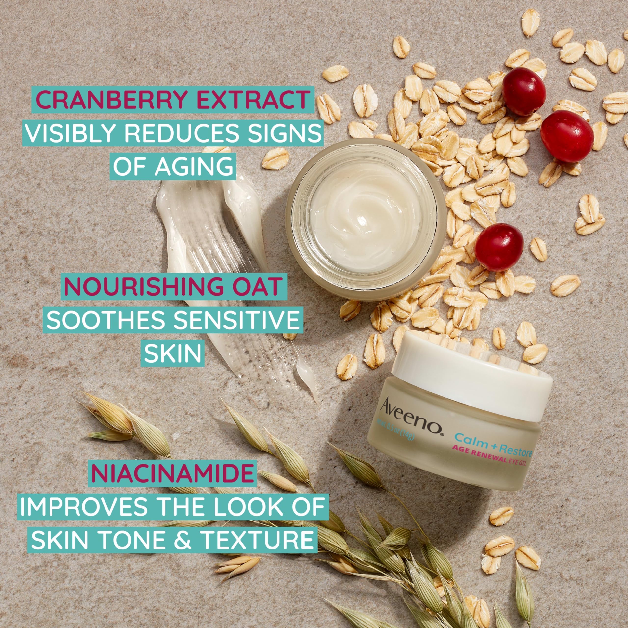 Aveeno hypoallergenic eye gel applied under the eye shows gentle approach for sensitive skin