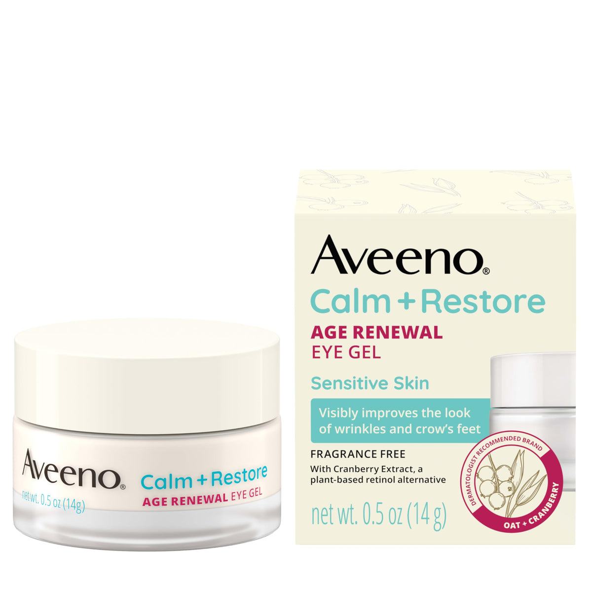 Aveeno Calm and Restore Eye Gel jar close-up showing fragrance-free soothing hydration for sensitive skin