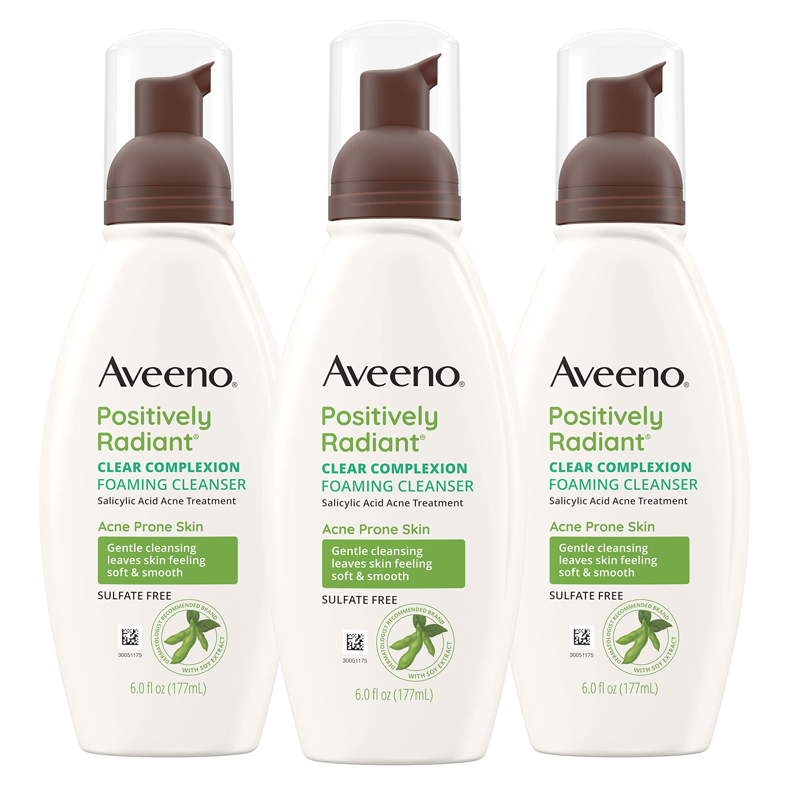 Aveeno Clear Complexion Foaming Cleanser bottle, gentle daily cleanse hints at prevention of breakouts.
