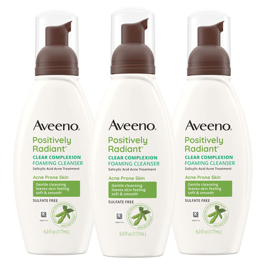 Aveeno Clear Complexion Foaming Cleanser bottle, gentle daily cleanse hints at prevention of breakouts.