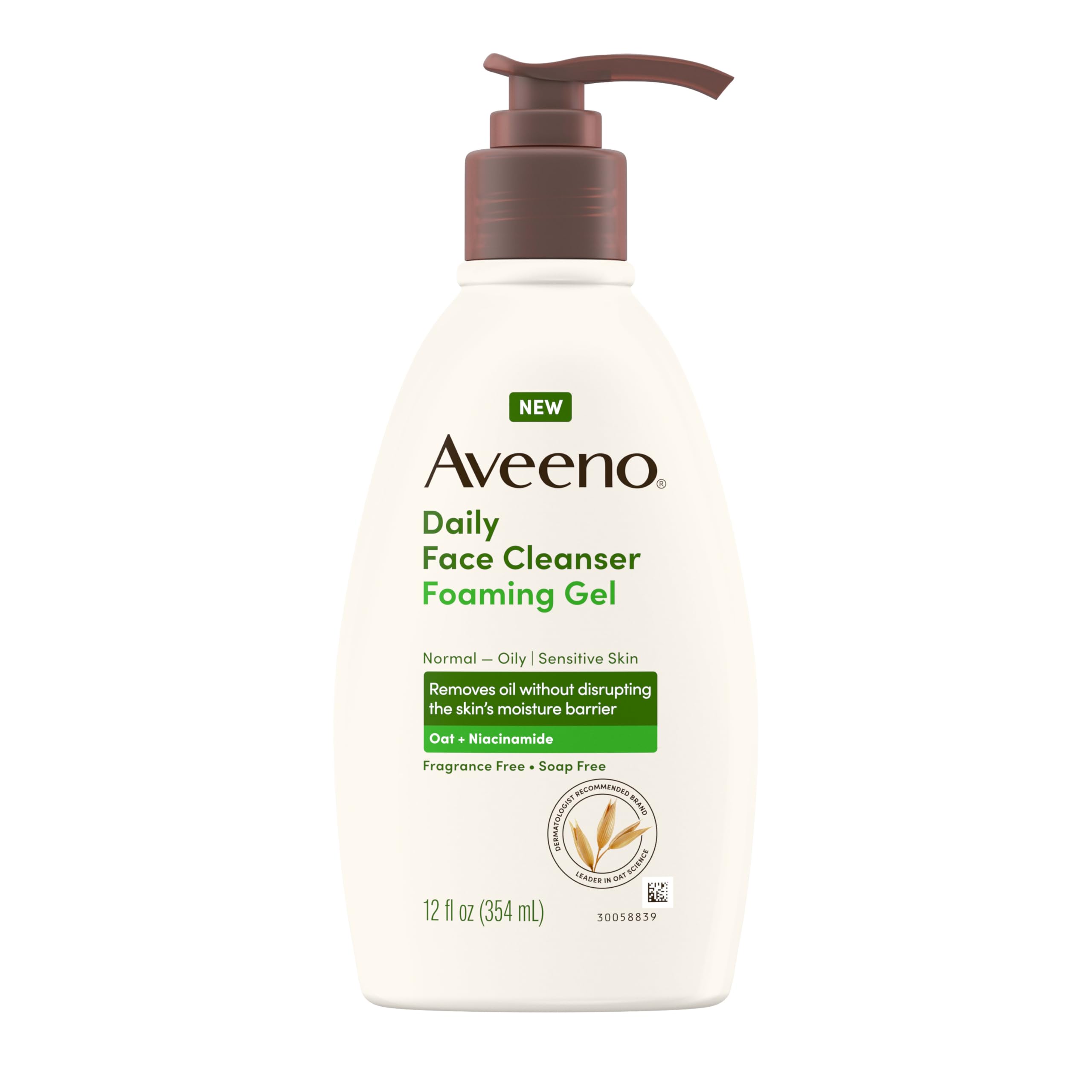 Aveeno Daily Foaming Gel Cleanser cap demonstrates fragrance-free formula gentle for sensitive skin.
