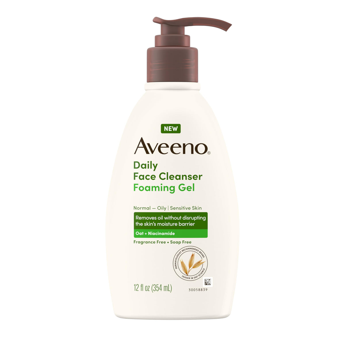 Aveeno Daily Foaming Gel Cleanser cap demonstrates fragrance-free formula gentle for sensitive skin.