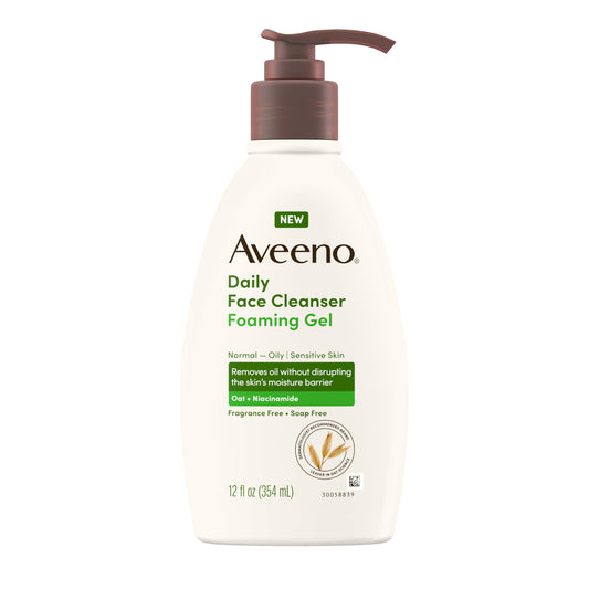 Aveeno Daily Foaming Gel Cleanser cap demonstrates fragrance-free formula gentle for sensitive skin.