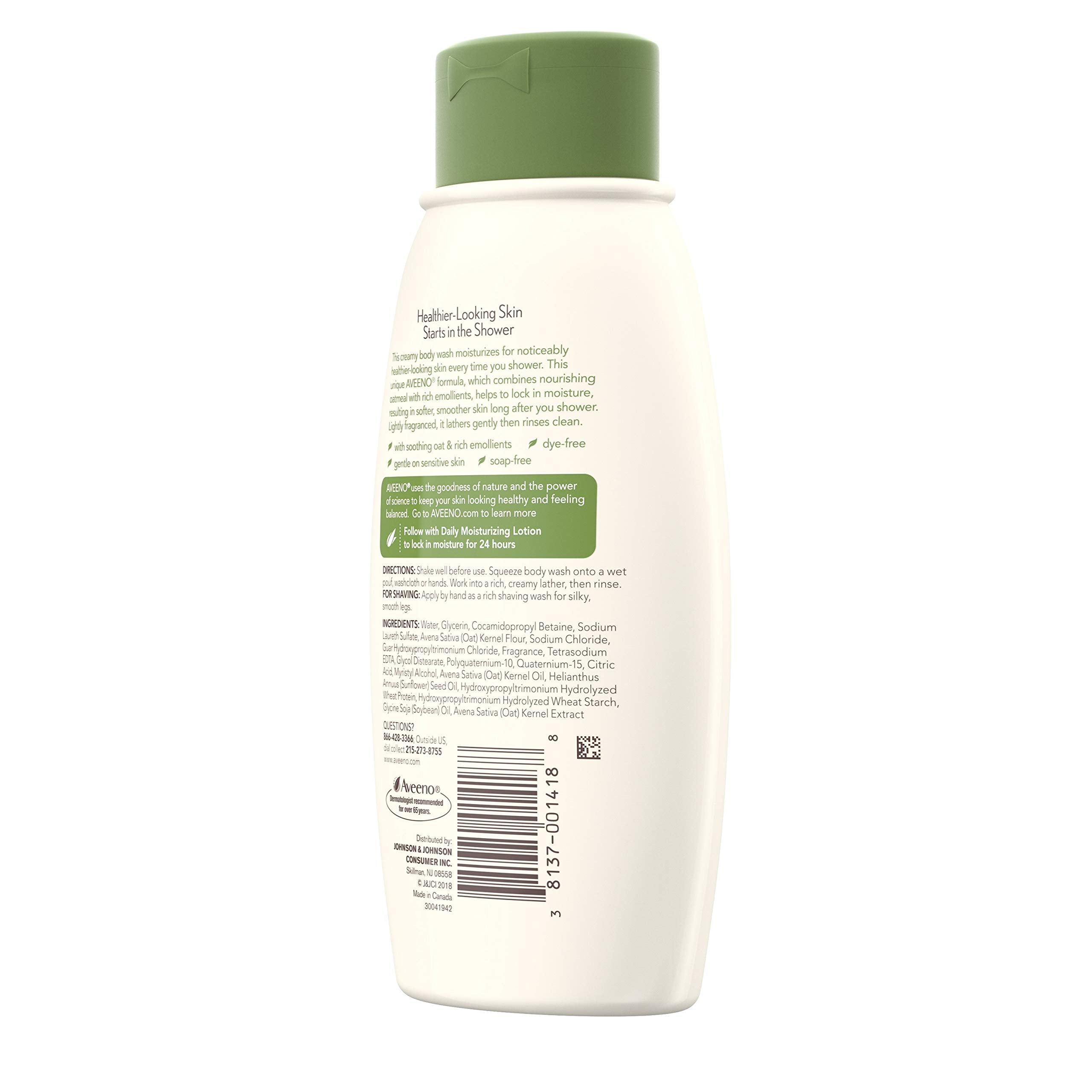 Aveeno ingredient panel emphasizes oatmeal-based moisturization.