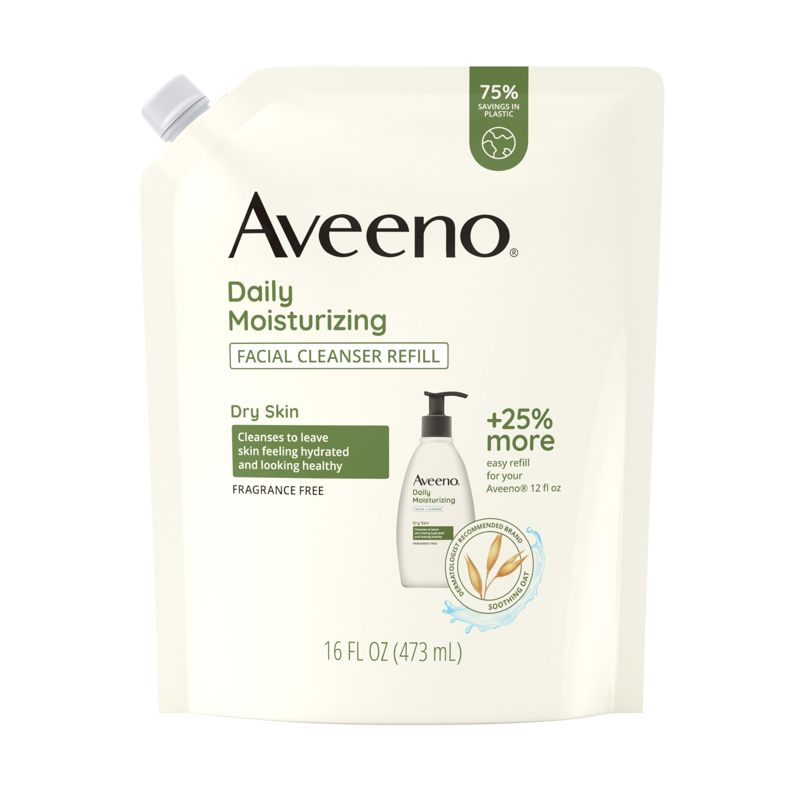 Aveeno Daily Moisturizing Facial Cleanser refill pouch showing eco-friendly packaging for daily use.