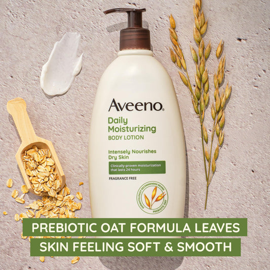 Aveeno three-pack travel shot emphasizes compact on-the-go moisture