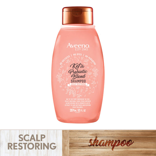 Aveeno Kefir Probiotic Blend Shampoo being poured for gentle cleansing.