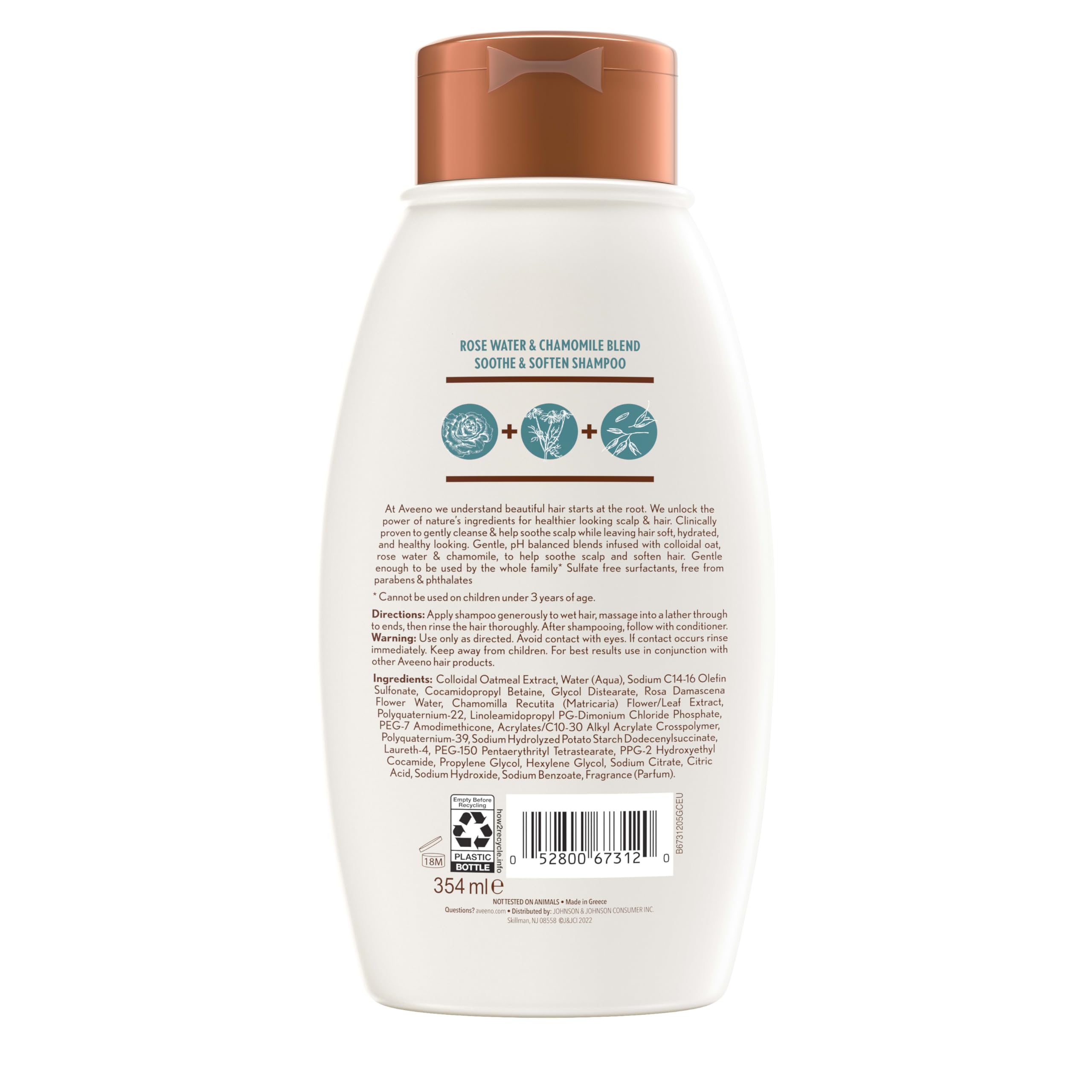 Packaging may vary note for Aveeno Rose Water & Chamomile Shampoo.