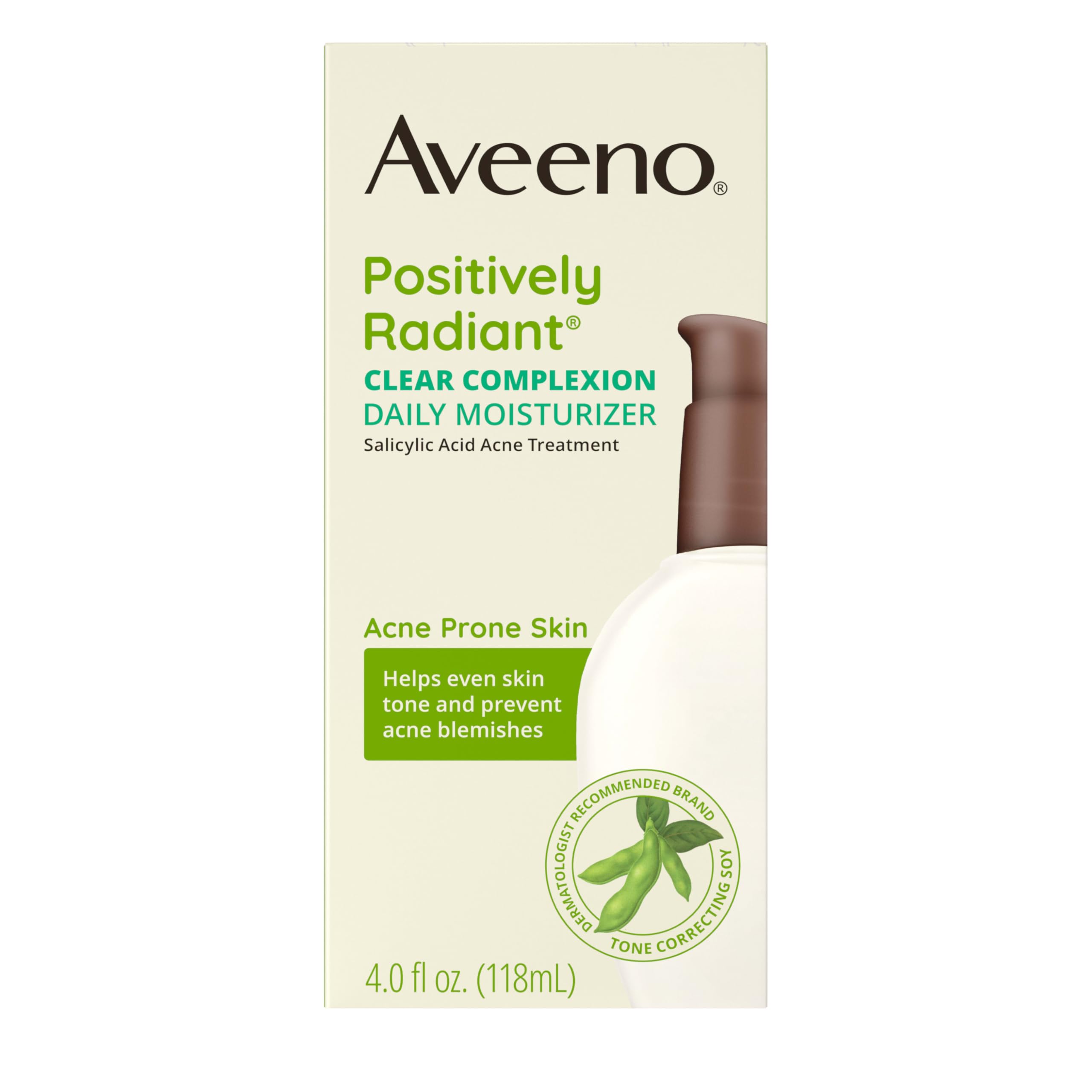 Aveeno Positively Radiant moisturizer bottle with pump for daily acne-prone skin.