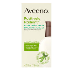 Aveeno Positively Radiant moisturizer bottle with pump for daily acne-prone skin.
