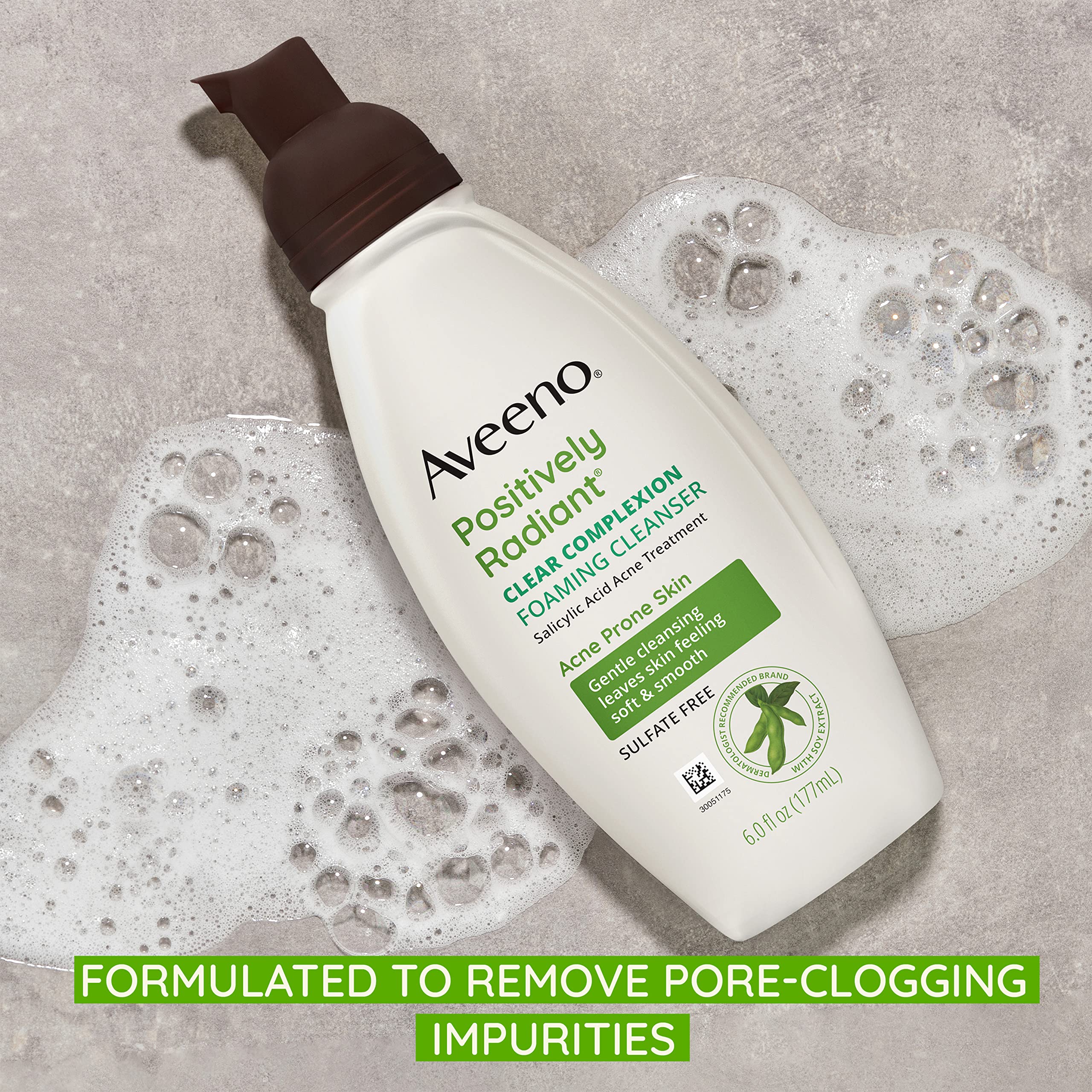 Aveeno Soy Extract ingredient close-up emphasizing gentle cleansing and tone support.