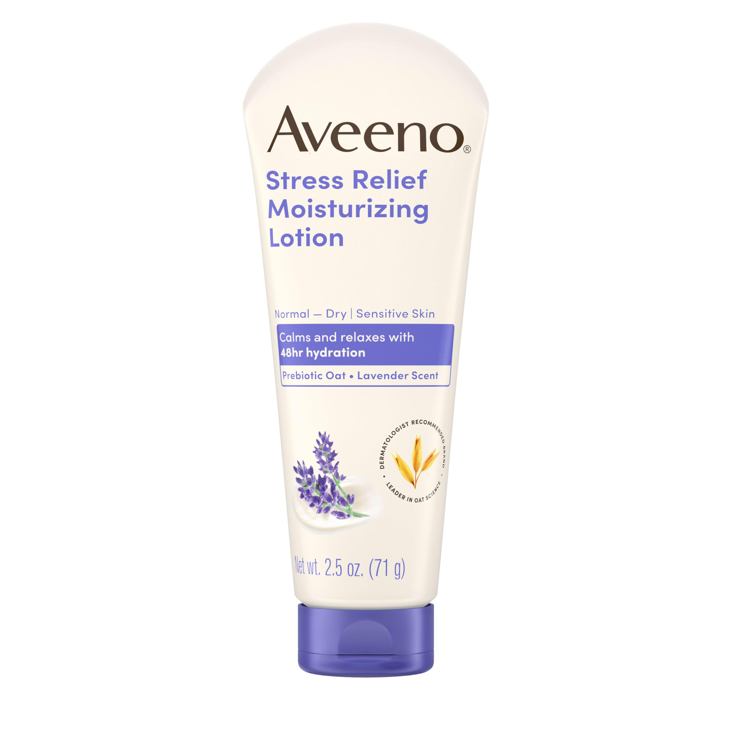 Aveeno Stress Relief Lotion bottle front with lavender scent for relaxing daily use