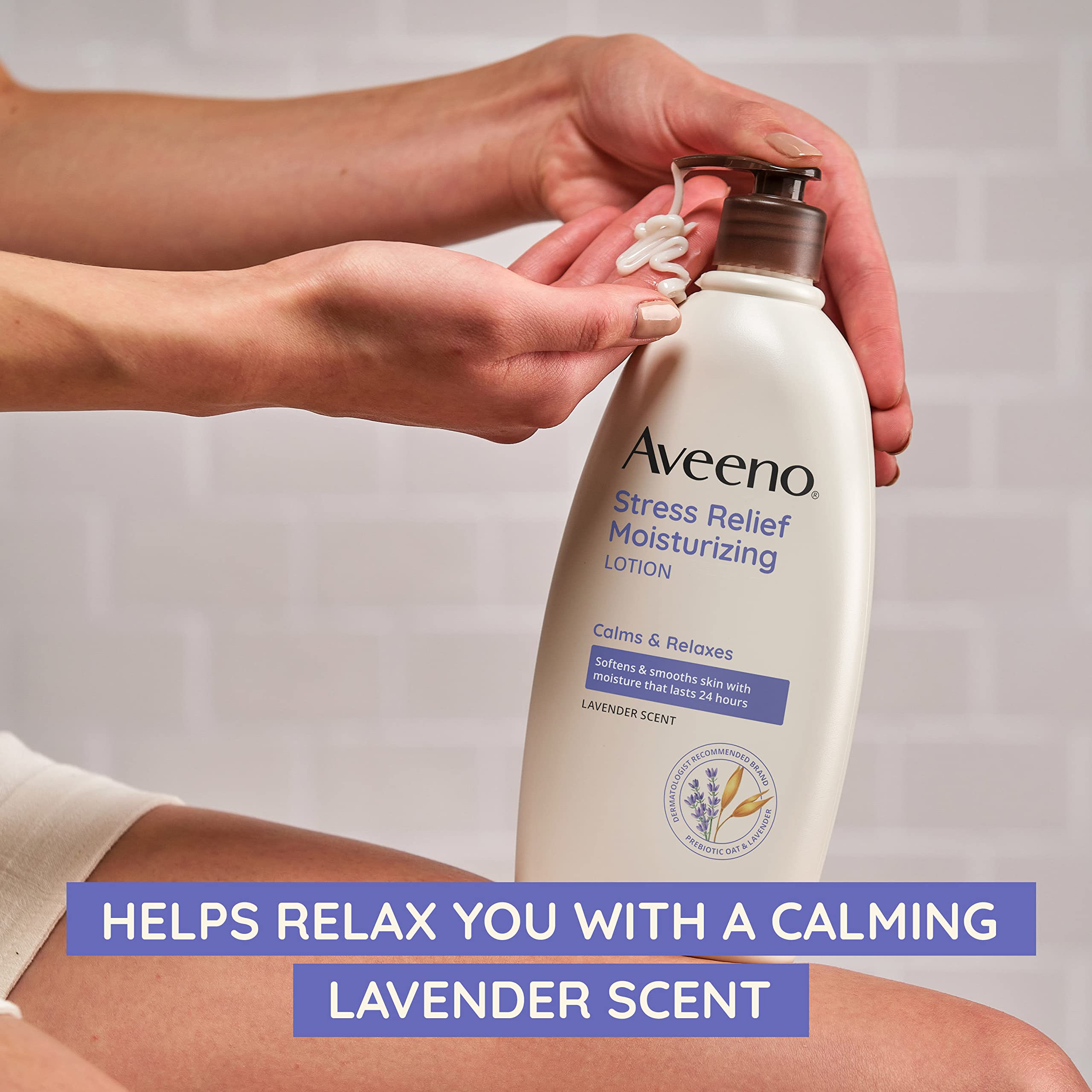 Aveeno Stress Relief Lotion cap close-up emphasizes secure travel-ready container
