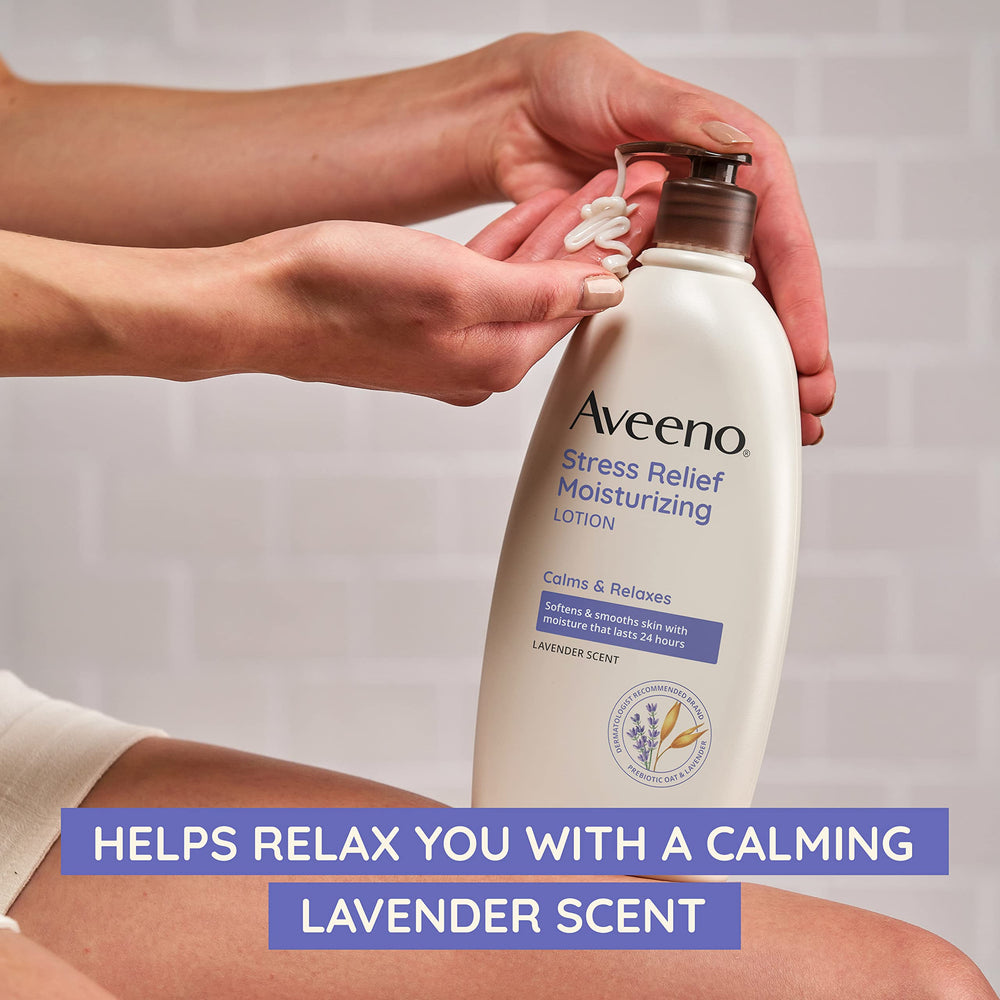 Aveeno Stress Relief Lotion cap close-up emphasizes secure travel-ready container