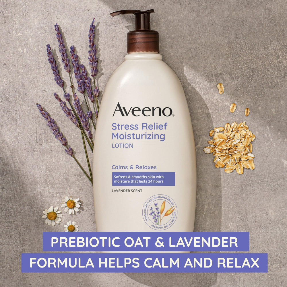 Aveeno Stress Relief Lotion travel-size tube packaging highlights portability