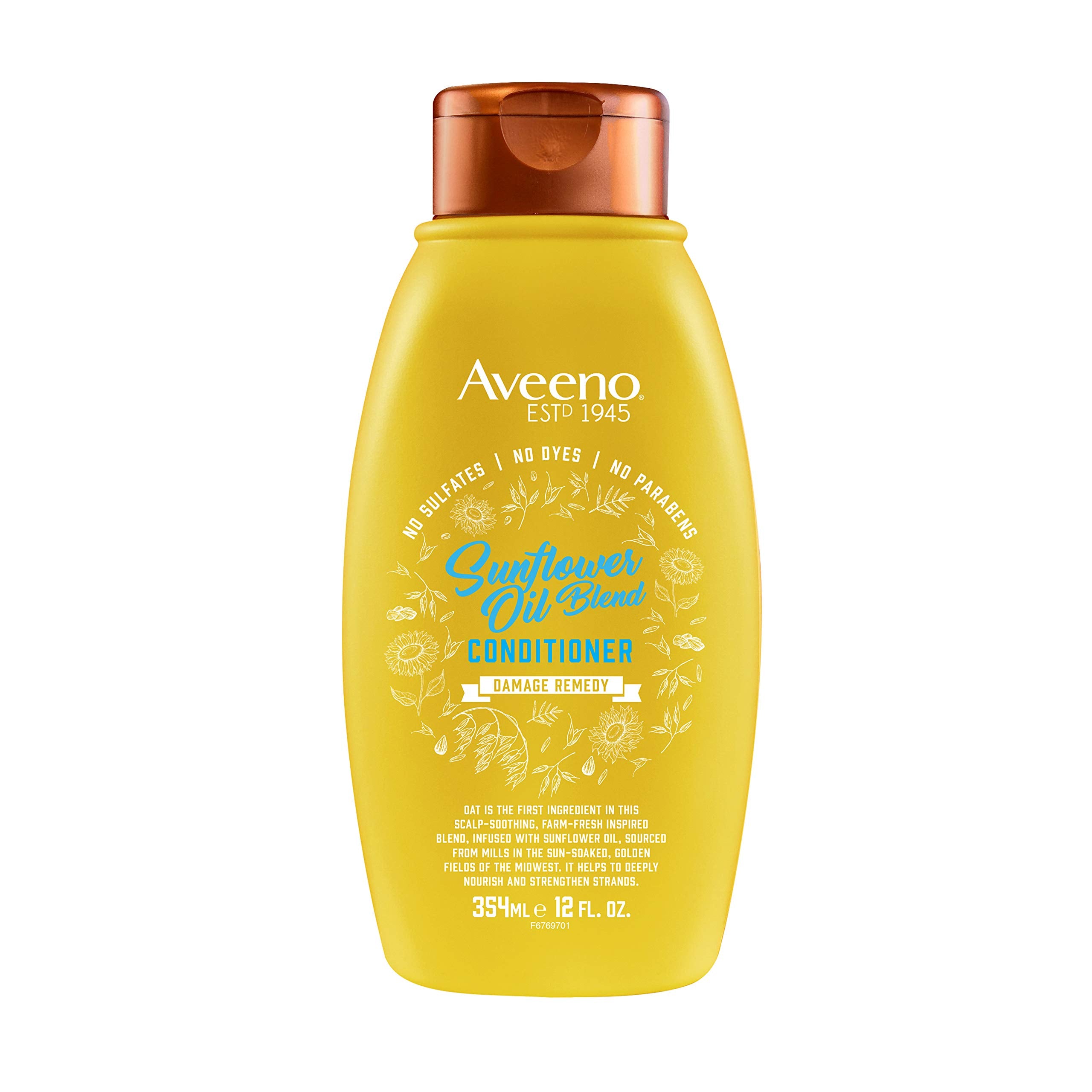 Aveeno Sunflower Oil Blend Conditioner bottle nourishes dry hair.