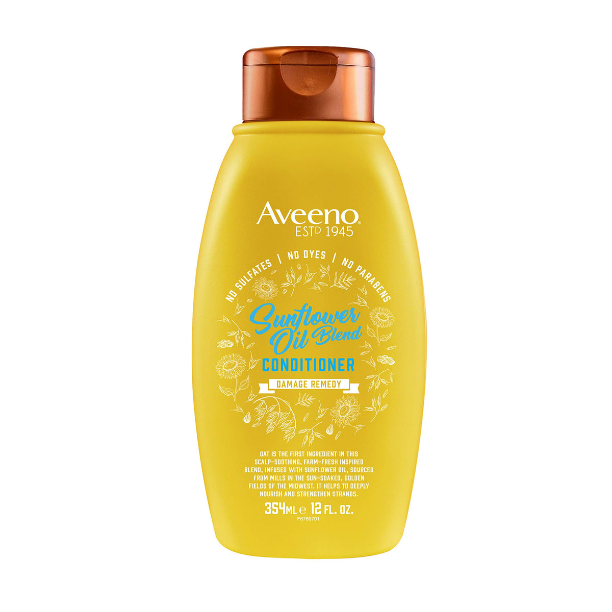 Aveeno Sunflower Oil Blend Conditioner bottle nourishes dry hair.