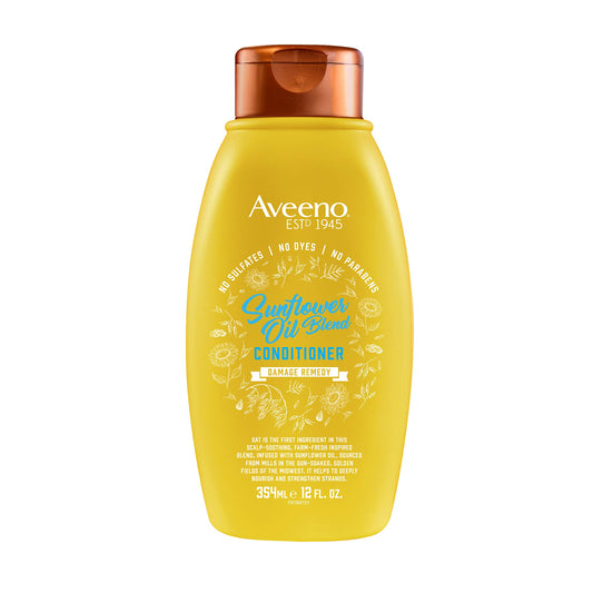 Aveeno Sunflower Oil Blend Conditioner bottle nourishes dry hair.
