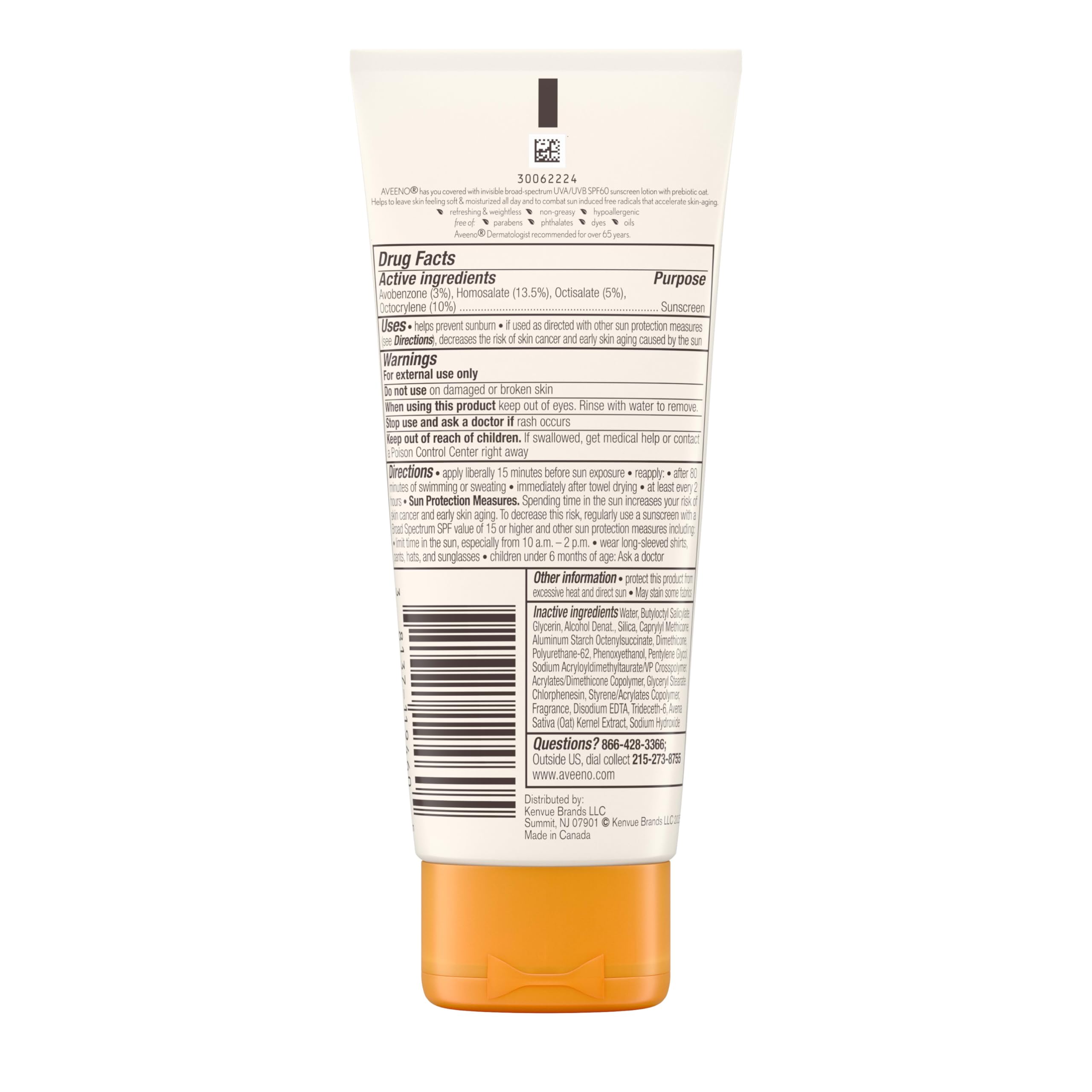 Aveeno sunscreen bottle highlighting paraben-free, dye-free formula