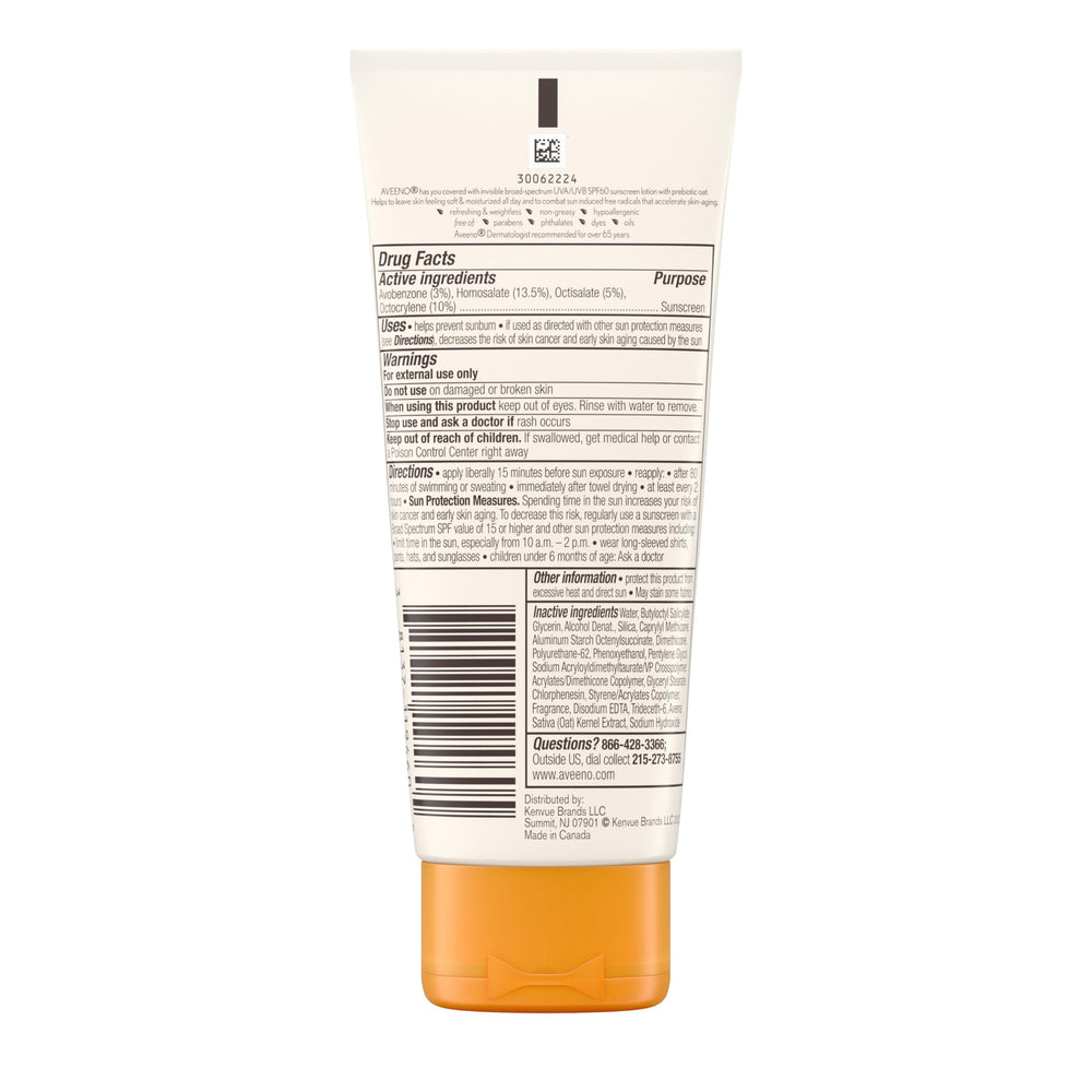 Aveeno sunscreen bottle highlighting paraben-free, dye-free formula