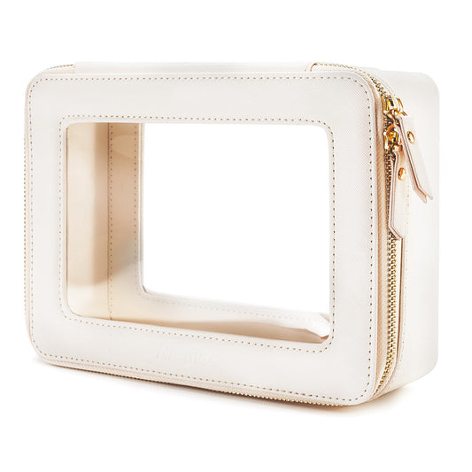 Aveniee Clear Makeup Bag Organizer front view showing sturdy structure for cosmetics.