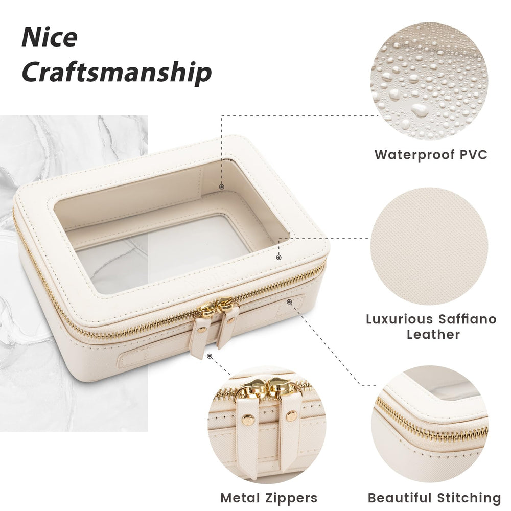 Aveniee Clear Makeup Bag side panel highlights slim portable travel profile.