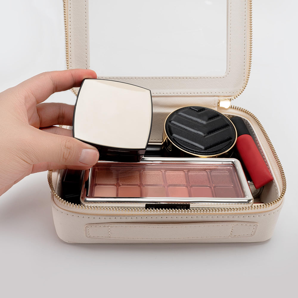 Aveniee Clear Makeup Bag Organizer saffiano PU leather and precise stitching detail.