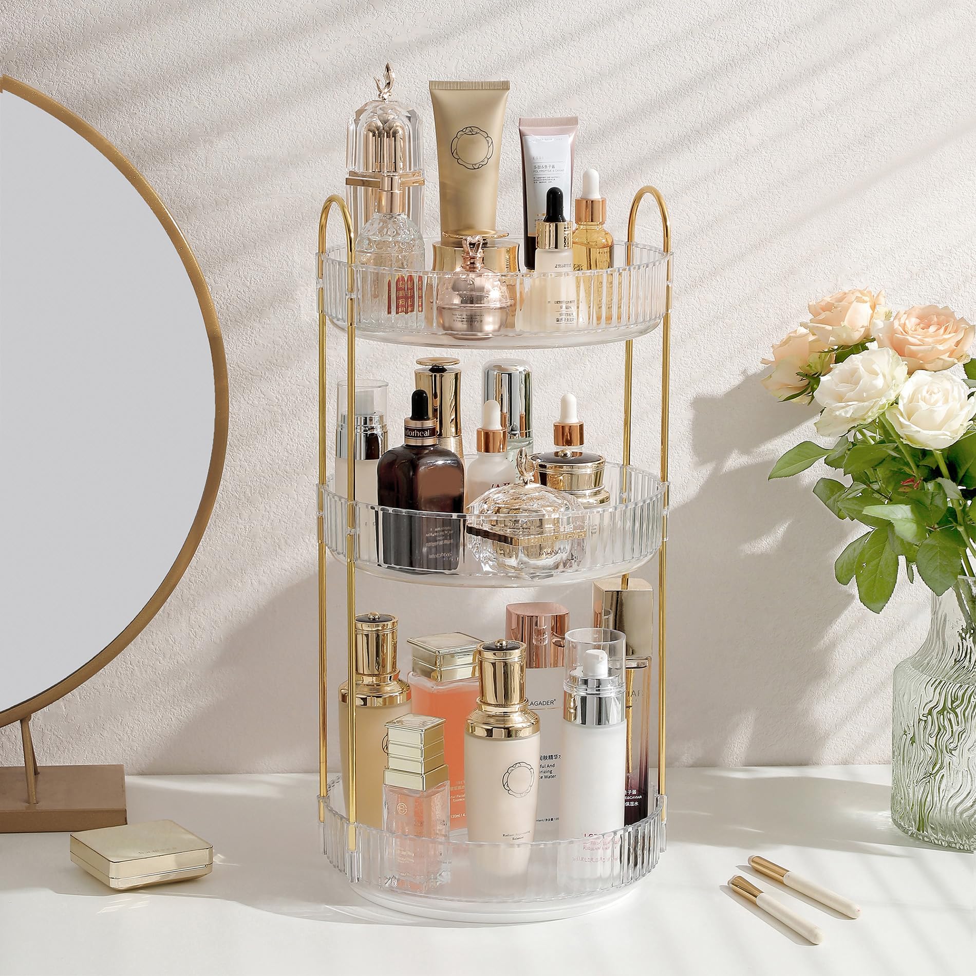 Aveniee rotating makeup organizer with 360° design for easy access.