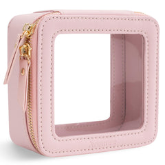 Aveniee small clear makeup bag showing structured saffiano PU leather exterior for durability.