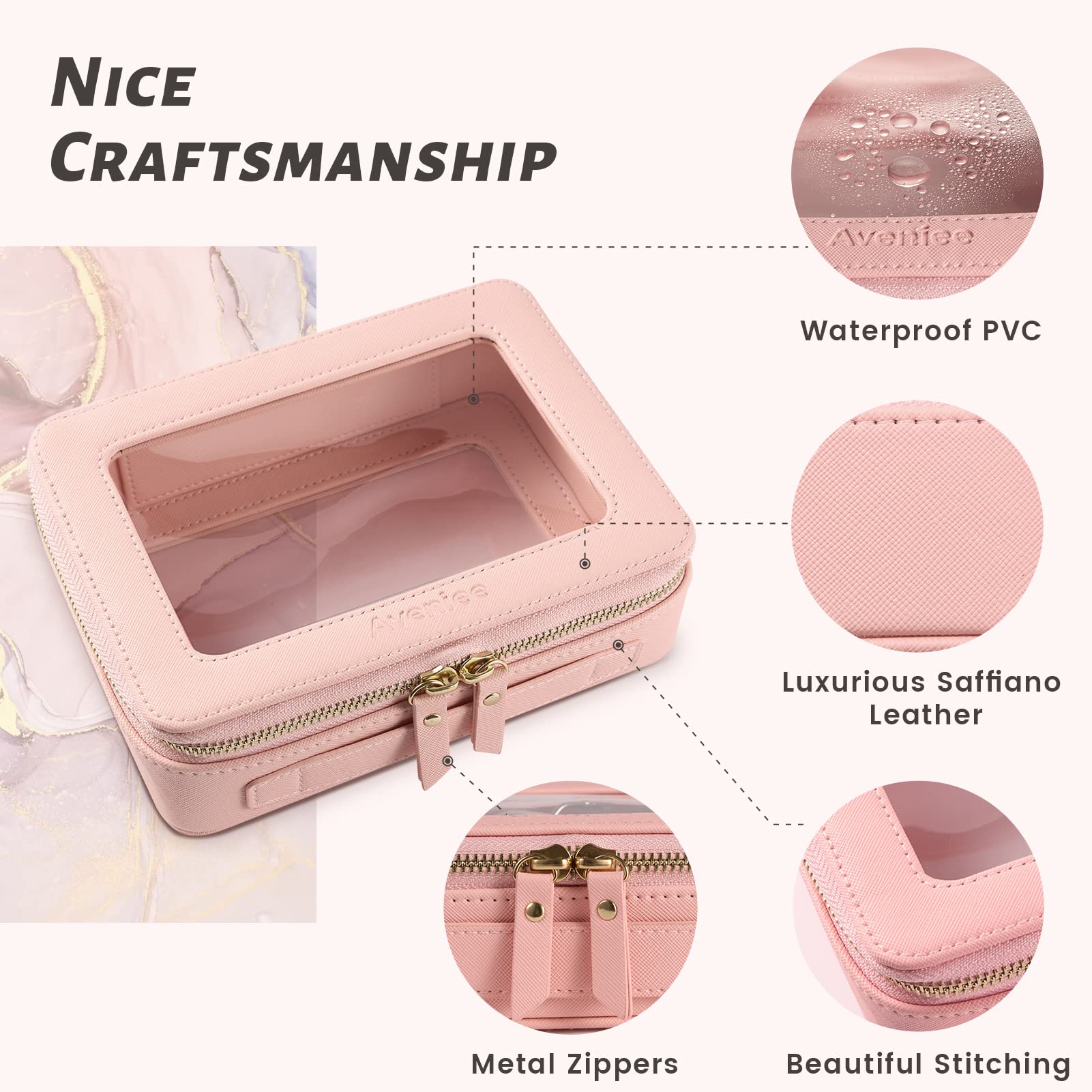 Aveniee travel toiletry bag pink shows organized interior for on-the-go cosmetics.