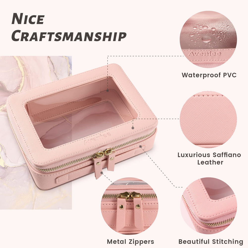 Aveniee travel toiletry bag pink shows organized interior for on-the-go cosmetics.