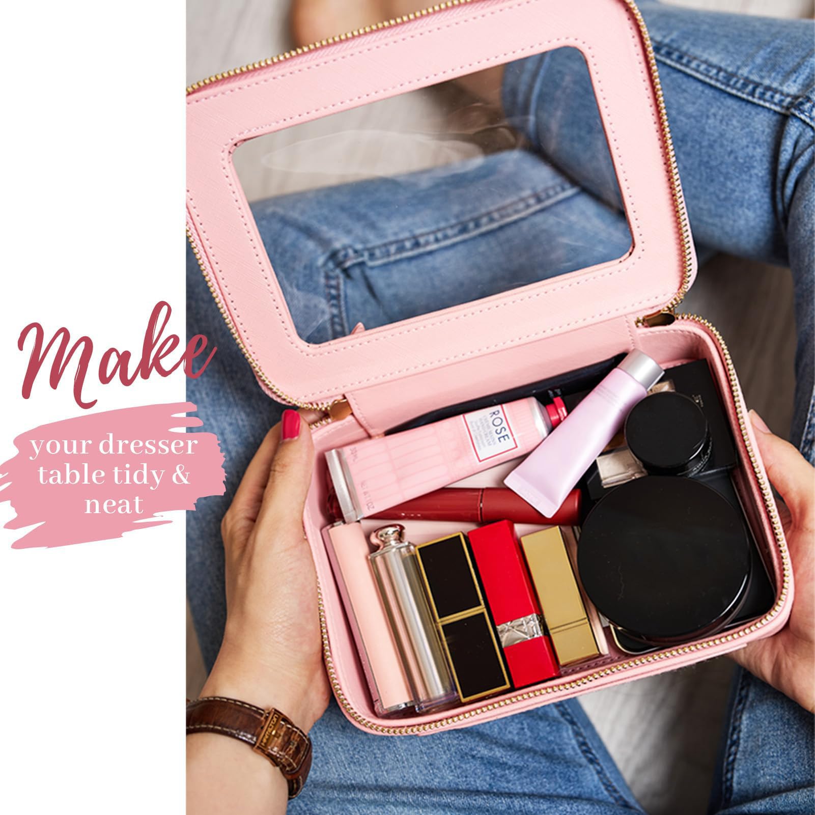Aveniee waterproof cosmetic pouch features a durable surface for easy cleaning.